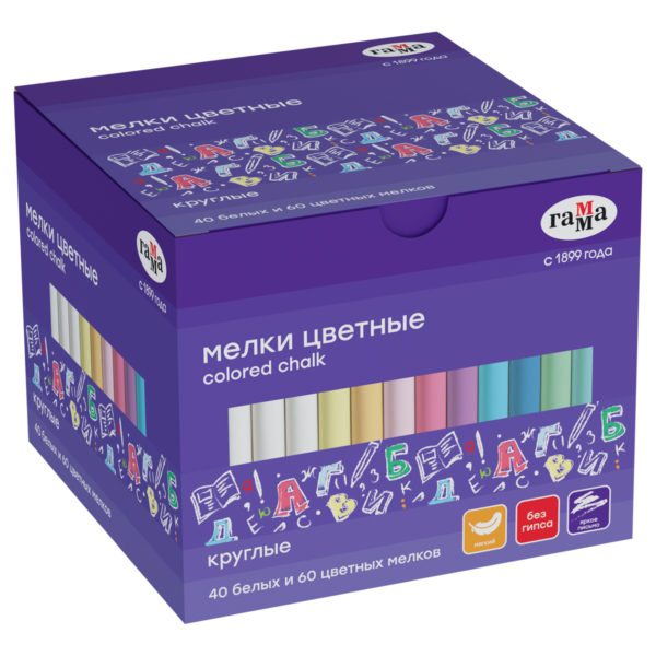 Мел ассорти 100шт (40бел+60цв)Гамма мягкий круглый