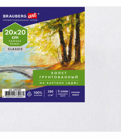 Холст грунтованный на картоне BRAUBERG 20*20 хлопок